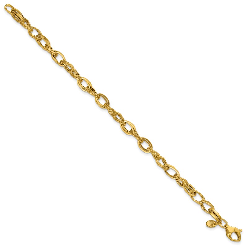 14K Polished and Textured Fancy Oval Link Bracelet
