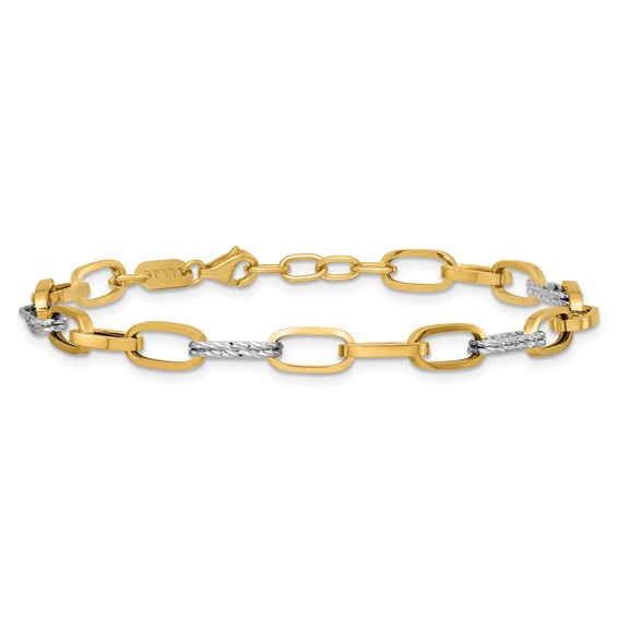Leslie's 14K Two-tone Polished / Dia-cut Fancy Link w/.5in ext. Bracelet