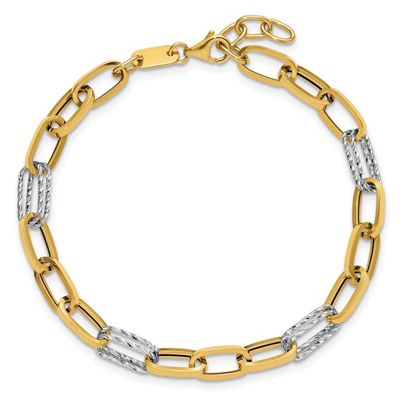 Leslie's 14K Two-tone Polished / Dia-cut Fancy Link w/.5in ext. Bracelet