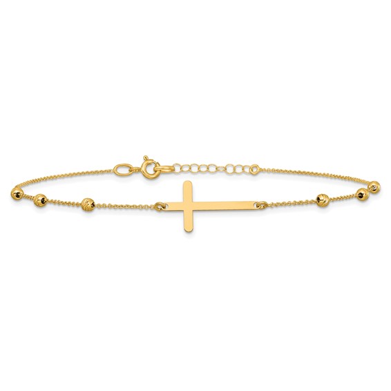 Leslie's 14K Cross and Diamond-cut Beads 9 inch Plus 1 inch Extender - Total 10 inch Anklet