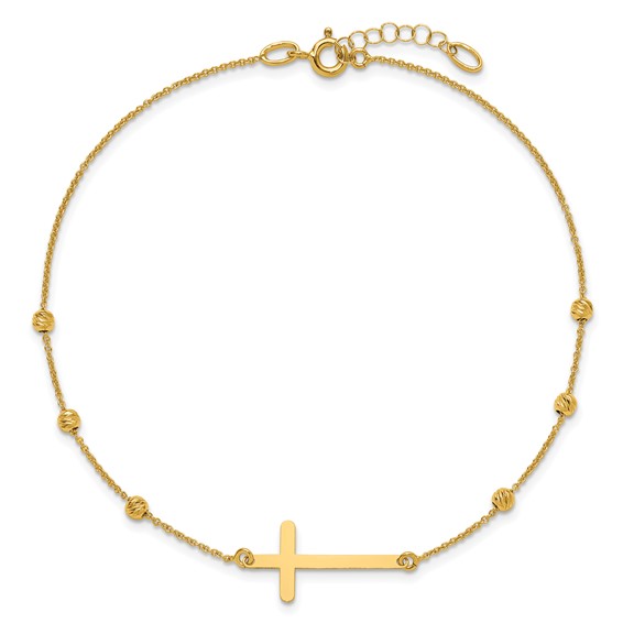 Leslie's 14K Cross and Diamond-cut Beads 9 inch Plus 1 inch Extender - Total 10 inch Anklet