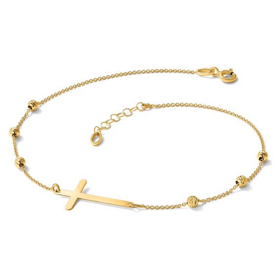Leslie's 14K Cross and Diamond-cut Beads 9 inch Plus 1 inch Extender - Total 10 inch Anklet