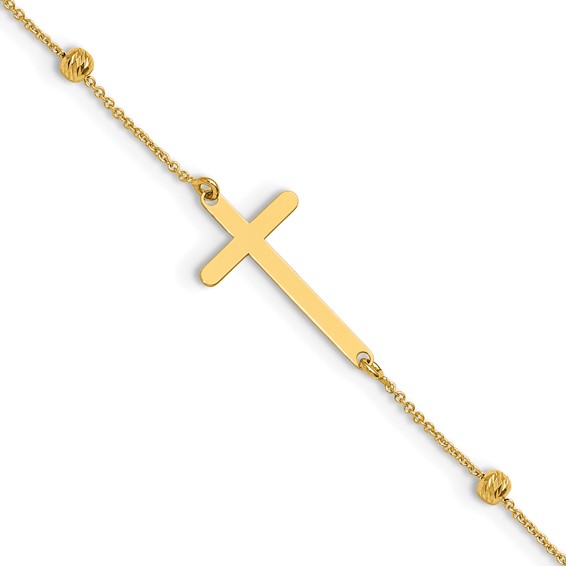 Leslie's 14K Cross and Diamond-cut Beads 9 inch Plus 1 inch Extender - Total 10 inch Anklet