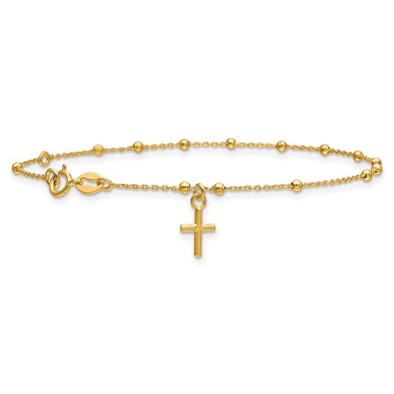 Leslie's 14K Polished Beaded Cross w/.5in ext. Rosary Bracelet