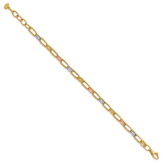 Leslie's 14K Tri-color Polished / DC Fancy Link w/1in ext. Bracelet