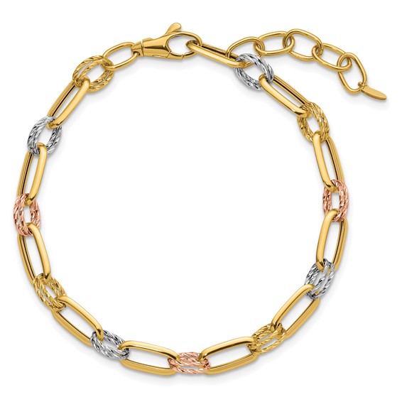 Leslie's 14K Tri-color Polished / DC Fancy Link w/1in ext. Bracelet