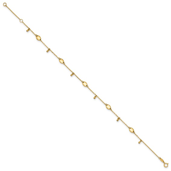 Leslie's 14K Oval and Bead Dangle 9 inch Plus 1 inch Extender - Total 10 inch Anklet