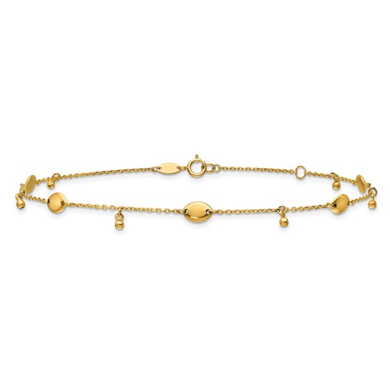 Leslie's 14K Oval and Bead Dangle 9 inch Plus 1 inch Extender - Total 10 inch Anklet