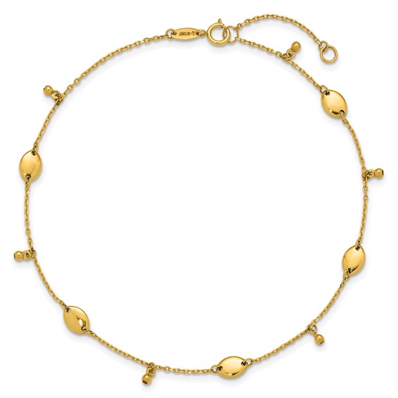 Leslie's 14K Oval and Bead Dangle 9 inch Plus 1 inch Extender - Total 10 inch Anklet