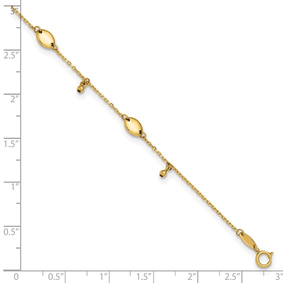 Leslie's 14K Oval and Bead Dangle 9 inch Plus 1 inch Extender - Total 10 inch Anklet