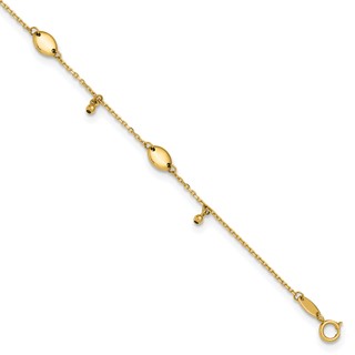 Leslie's 14K Oval and Bead Dangle 9 inch Plus 1 inch Extender - Total 10 inch Anklet
