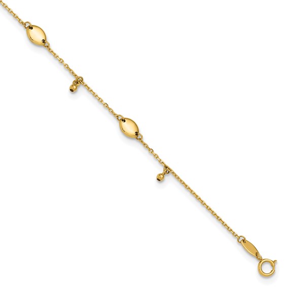 Leslie's 14K Oval and Bead Dangle 9 inch Plus 1 inch Extender - Total 10 inch Anklet