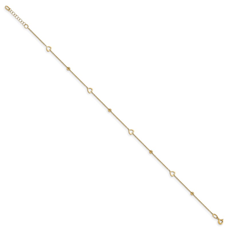 14K Polished and D/C Heart w/1in ext. Anklet