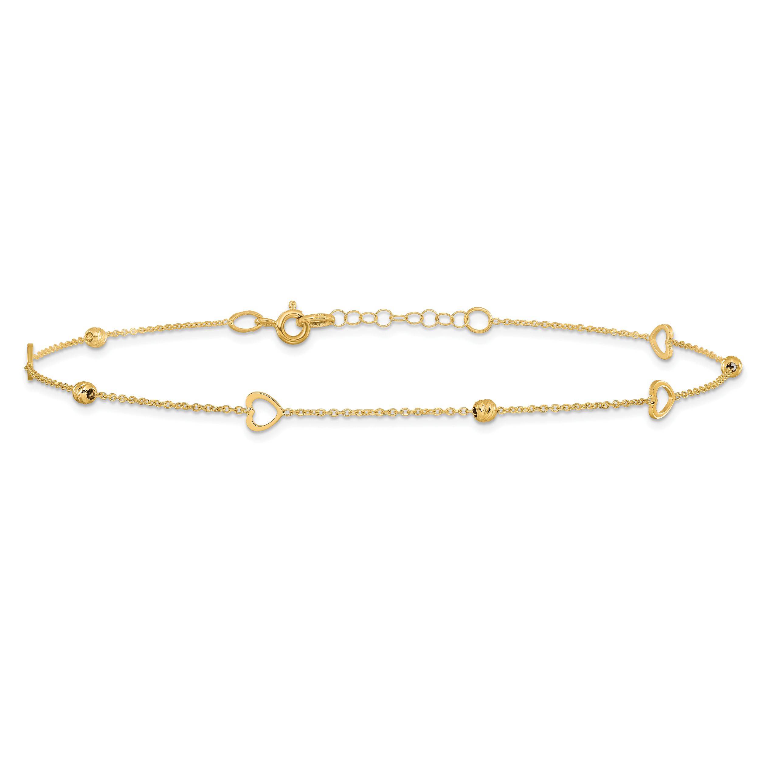 14K Heart and Diamond-cut Bead 10 inch Plus 1 inch Extender - Total 11 inch Ankl - Picture 3 of 5