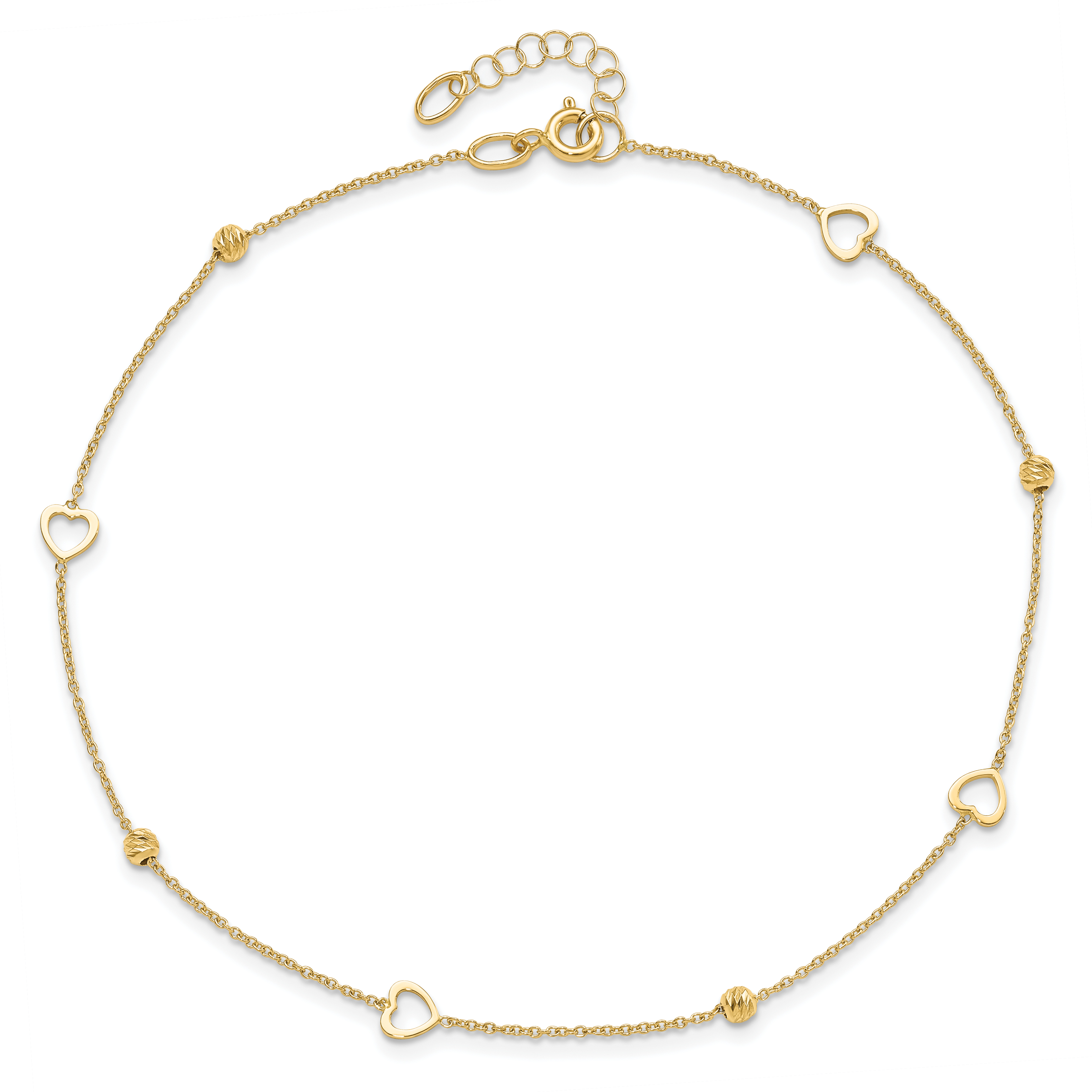 14K Heart and Diamond-cut Bead 10 inch Plus 1 inch Extender - Total 11 inch Ankl - Picture 4 of 5