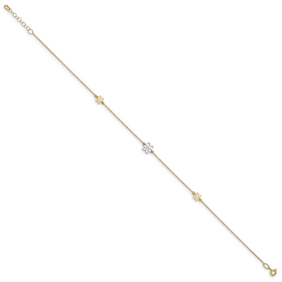 Leslie's 14K Two-tone Flower 3-Station 10 inch Plus 1 inch Extender - Total 11 inch Anklet