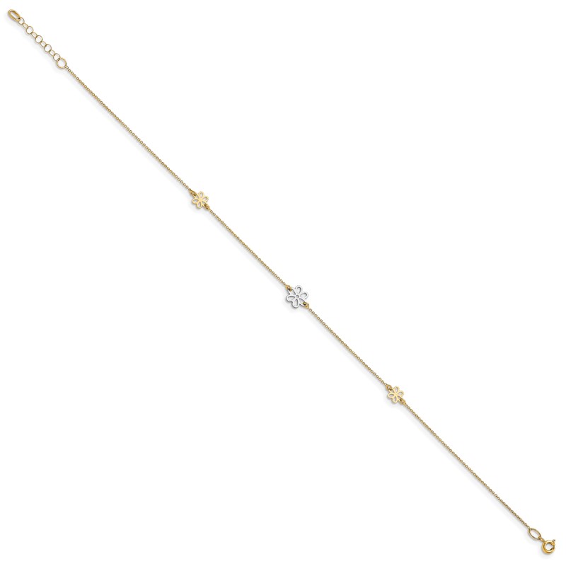 14K Two-tone Polished Flower with 1in ext. Anklet