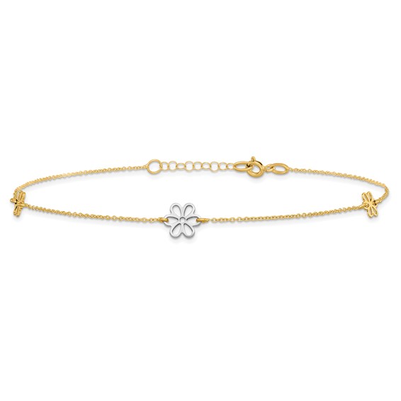 Leslie's 14K Two-tone Flower 3-Station 10 inch Plus 1 inch Extender - Total 11 inch Anklet