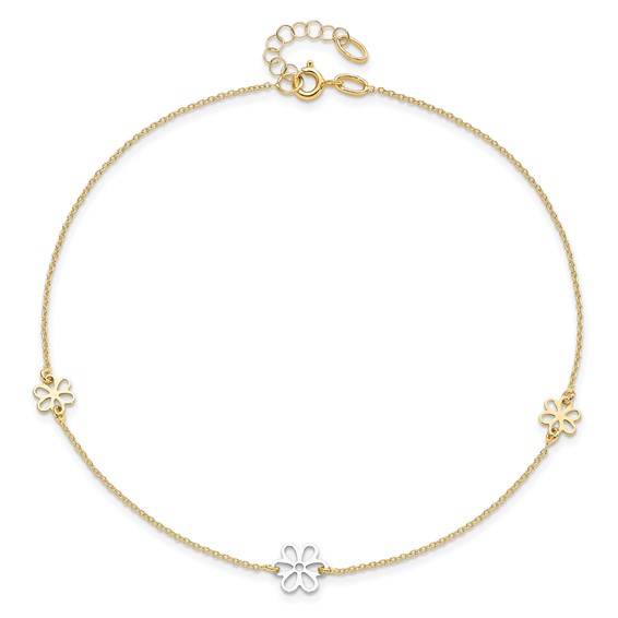 Leslie's 14K Two-tone Flower 3-Station 10 inch Plus 1 inch Extender - Total 11 inch Anklet