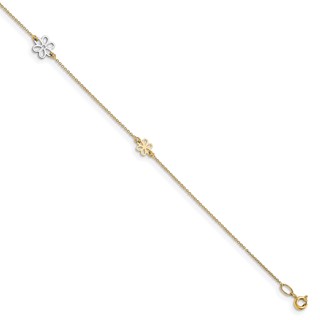 Leslie's 14K Two-tone Flower 3-Station 10 inch Plus 1 inch Extender - Total 11 inch Anklet