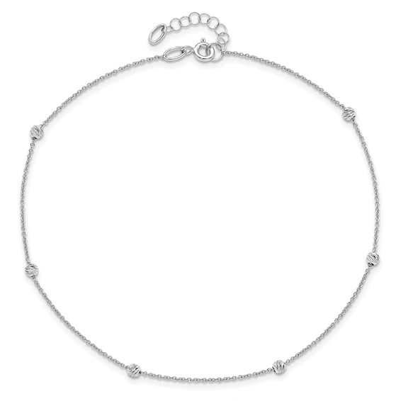 Leslie's 14K White Gold Diamond-cut Bead 6-Station 10 inch Plus 1 inch Extender - Total 11 inch Anklet