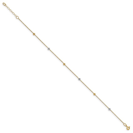 Leslie's 14K Two-Tone Diamond-cut Bead 6-Station 9 inch Plus 1 inch Extender - Total 10 inch Anklet