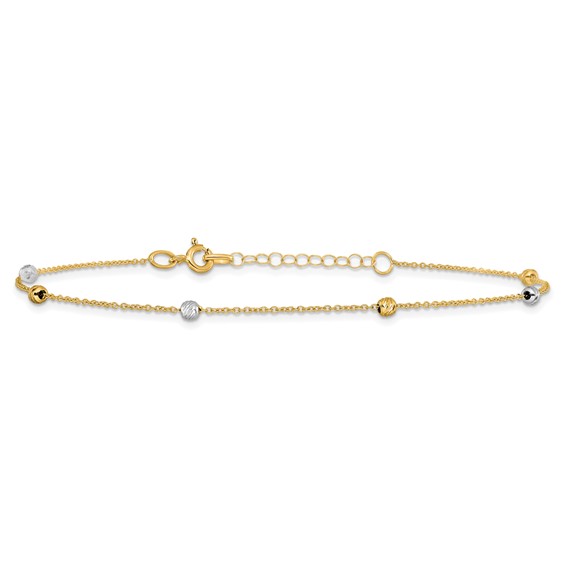 Leslie's 14K Two-Tone Diamond-cut Bead 6-Station 9 inch Plus 1 inch Extender - Total 10 inch Anklet