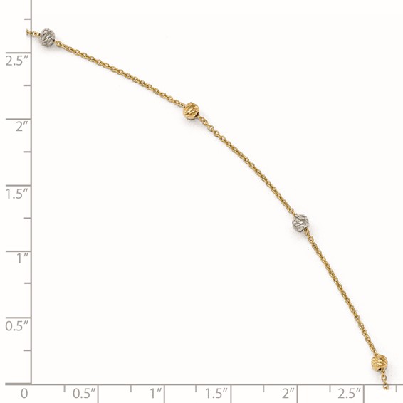 Leslie's 14K Two-Tone Diamond-cut Bead 6-Station 9 inch Plus 1 inch Extender - Total 10 inch Anklet