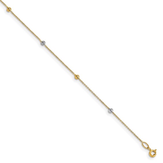 Leslie's 14K Two-Tone Diamond-cut Bead 6-Station 9 inch Plus 1 inch Extender - Total 10 inch Anklet