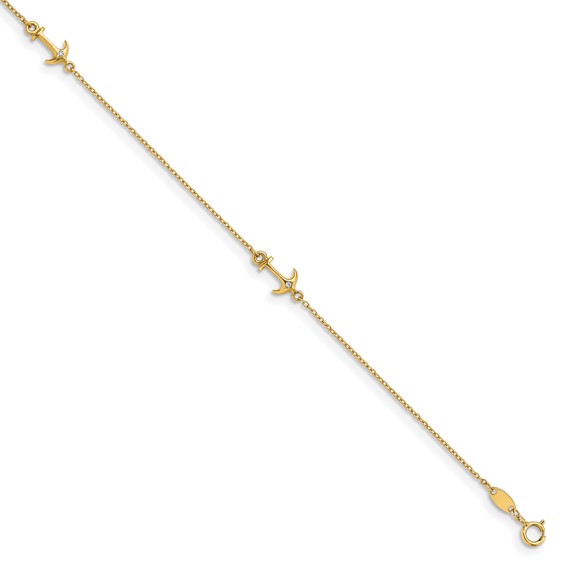 Leslie's 14K CZ Anchor 3-Station 9 inch Plus 1 inch Extender - Total 10 inch Anklet