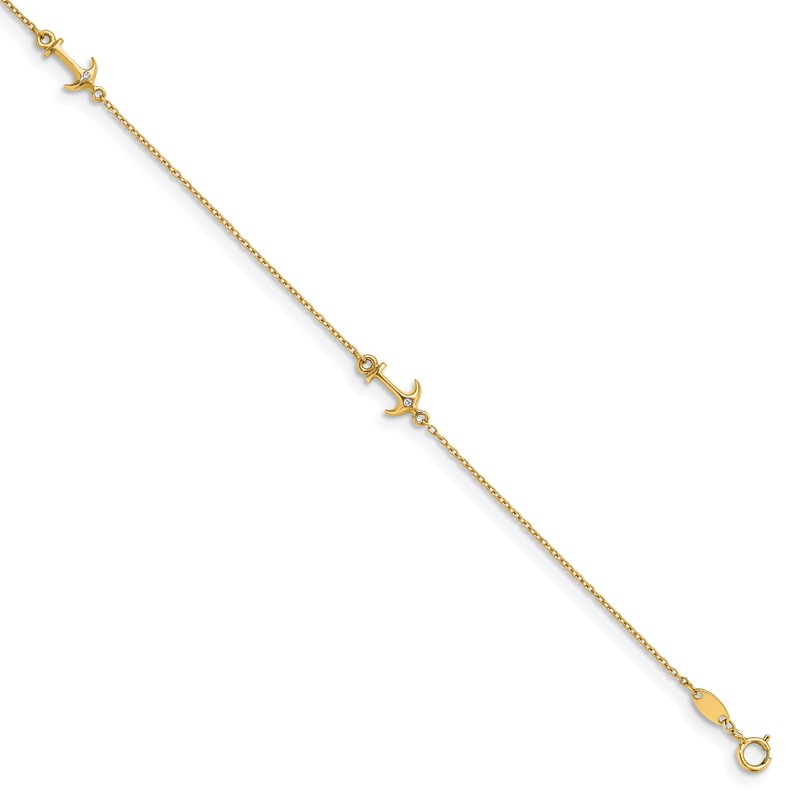 14K CZ Polished Anchor with 1in ext. Anklet