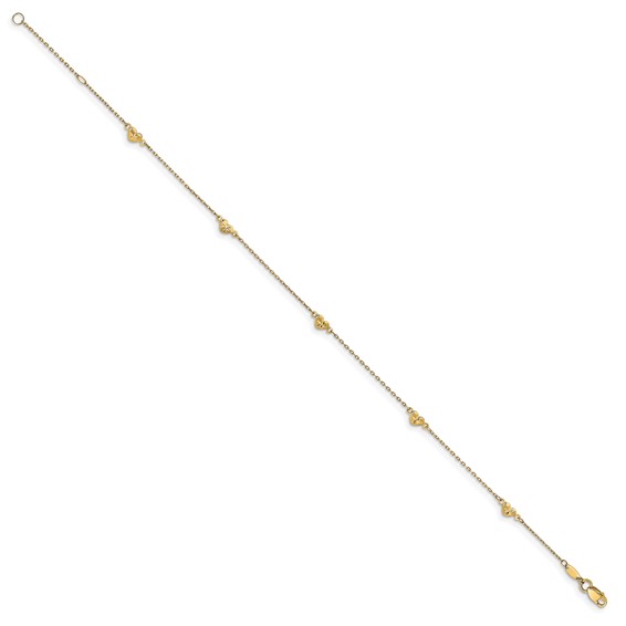 Leslie's 14K Diamond-cut Heart 5-Station 9 inch Plus 1 inch Extender - Total 10 inch Anklet