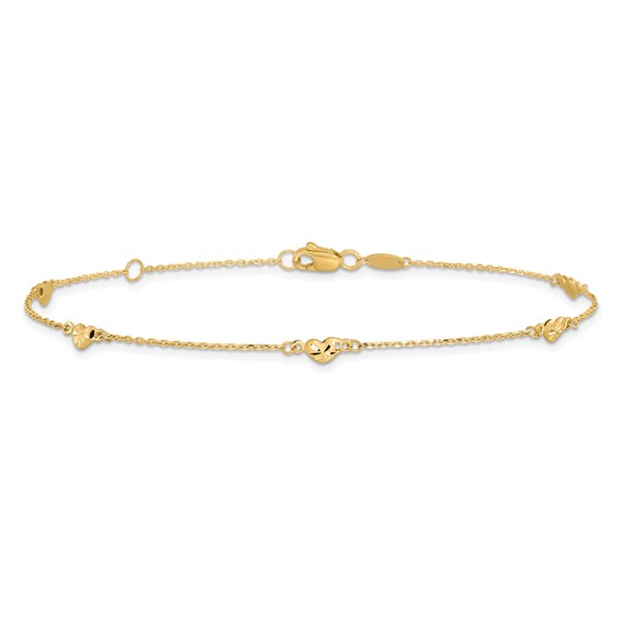 Leslie's 14K Diamond-cut Heart 5-Station 9 inch Plus 1 inch Extender - Total 10 inch Anklet