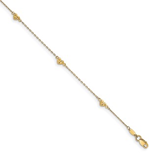 Leslie's 14K Diamond-cut Heart 5-Station 9 inch Plus 1 inch Extender - Total 10 inch Anklet