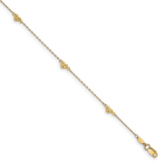 Leslie's 14K Diamond-cut Heart 5-Station 9 inch Plus 1 inch Extender - Total 10 inch Anklet