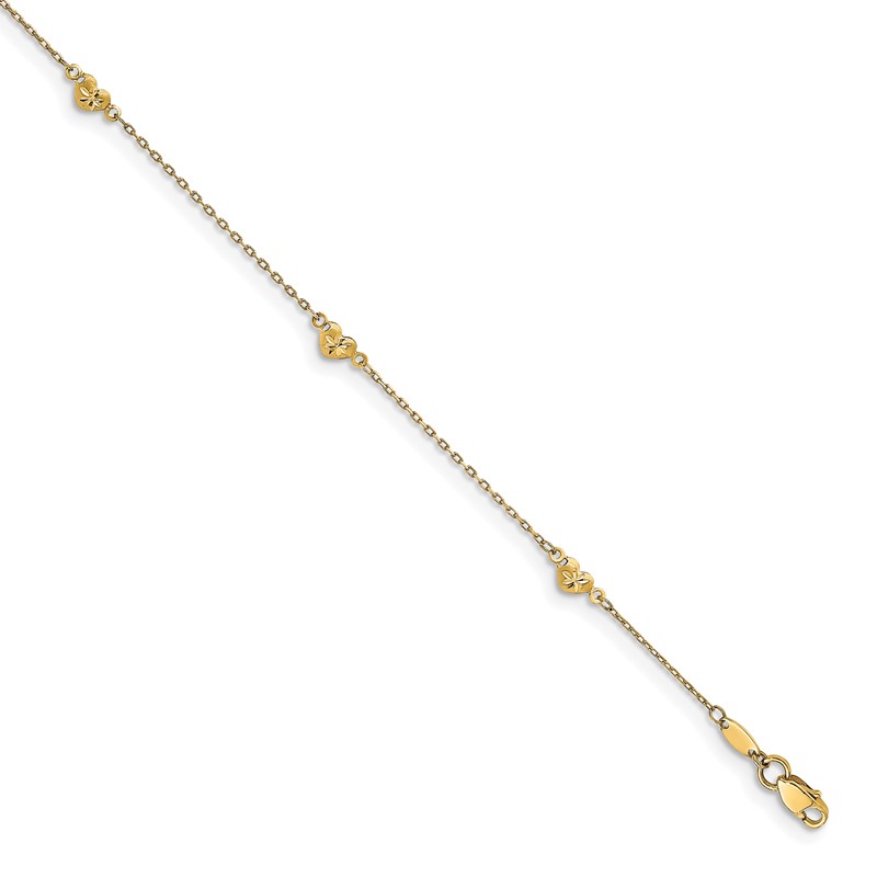 14K Polished and D/C Heart with 1in ext. Anklet