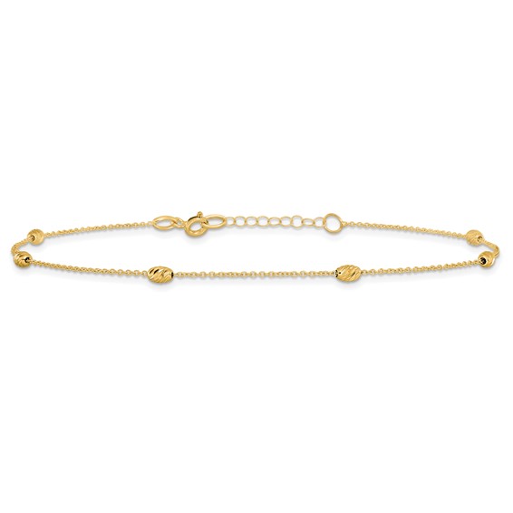 Leslie's 14K Diamond-cut Oval Beads 6-Station 10 inch Plus 1 inch Extender - Total 11 inch Anklet