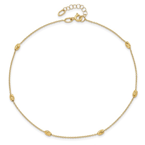 Leslie's 14K Diamond-cut Oval Beads 6-Station 10 inch Plus 1 inch Extender - Total 11 inch Anklet