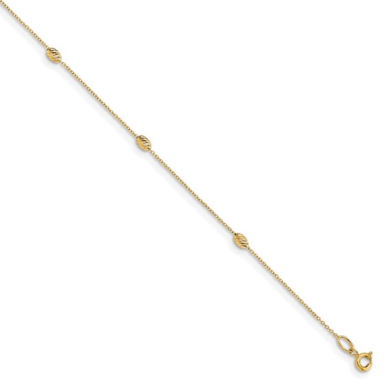 Leslie's 14K Diamond-cut Oval Beads 6-Station 10 inch Plus 1 inch Extender - Total 11 inch Anklet