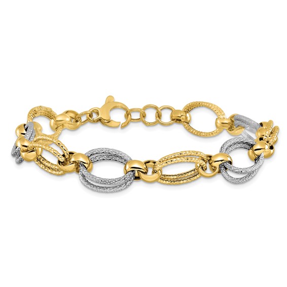 Leslie's 14K Two-tone Polished and Textured Fancy Link Bracelet