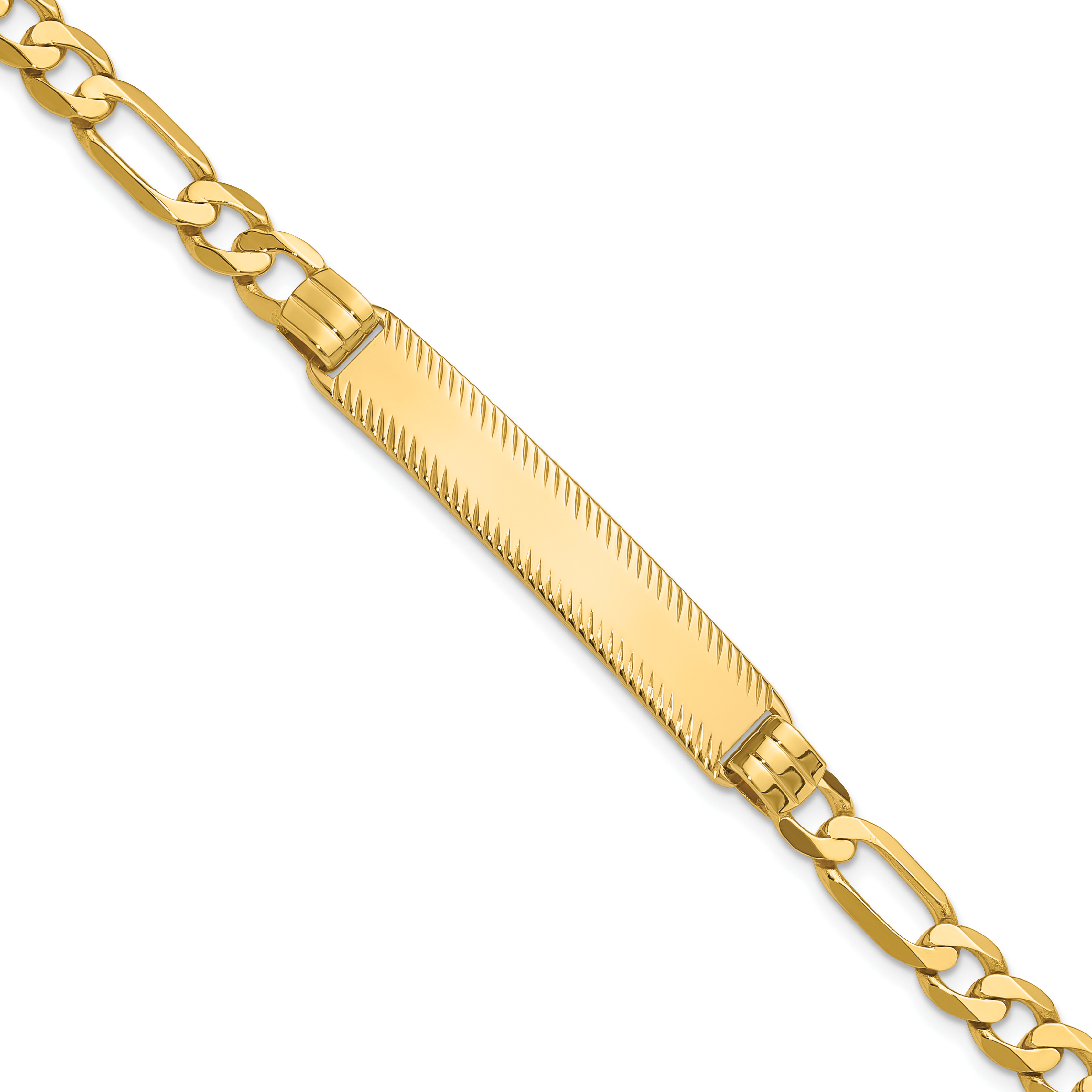 14k Polished Solid Chain/Solid Plate Figaro Link Diamond-cut 39x8mm Plate 7 inch ID Bracelet (LID102-7)