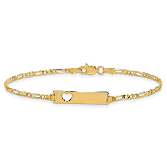 14k Polished Solid Chain/Solid Plate Figaro Link Cut-out Heart 20x5mm Plate 8 inch ID Bracelet
