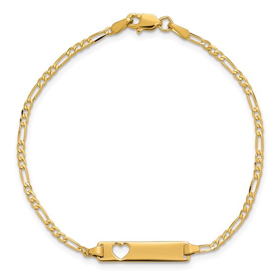 14k Polished Solid Chain/Solid Plate Figaro Link Cut-out Heart 20x5mm Plate 8 inch ID Bracelet