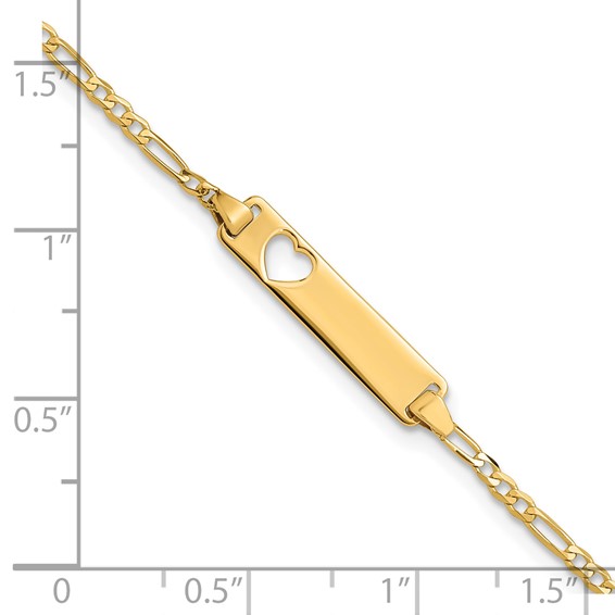 14k Polished Solid Chain/Solid Plate Figaro Link Cut-out Heart 20x5mm Plate 8 inch ID Bracelet