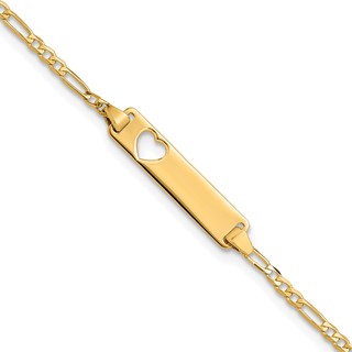 14k Polished Solid Chain/Solid Plate Figaro Link Cut-out Heart 20x5mm Plate 8 inch ID Bracelet