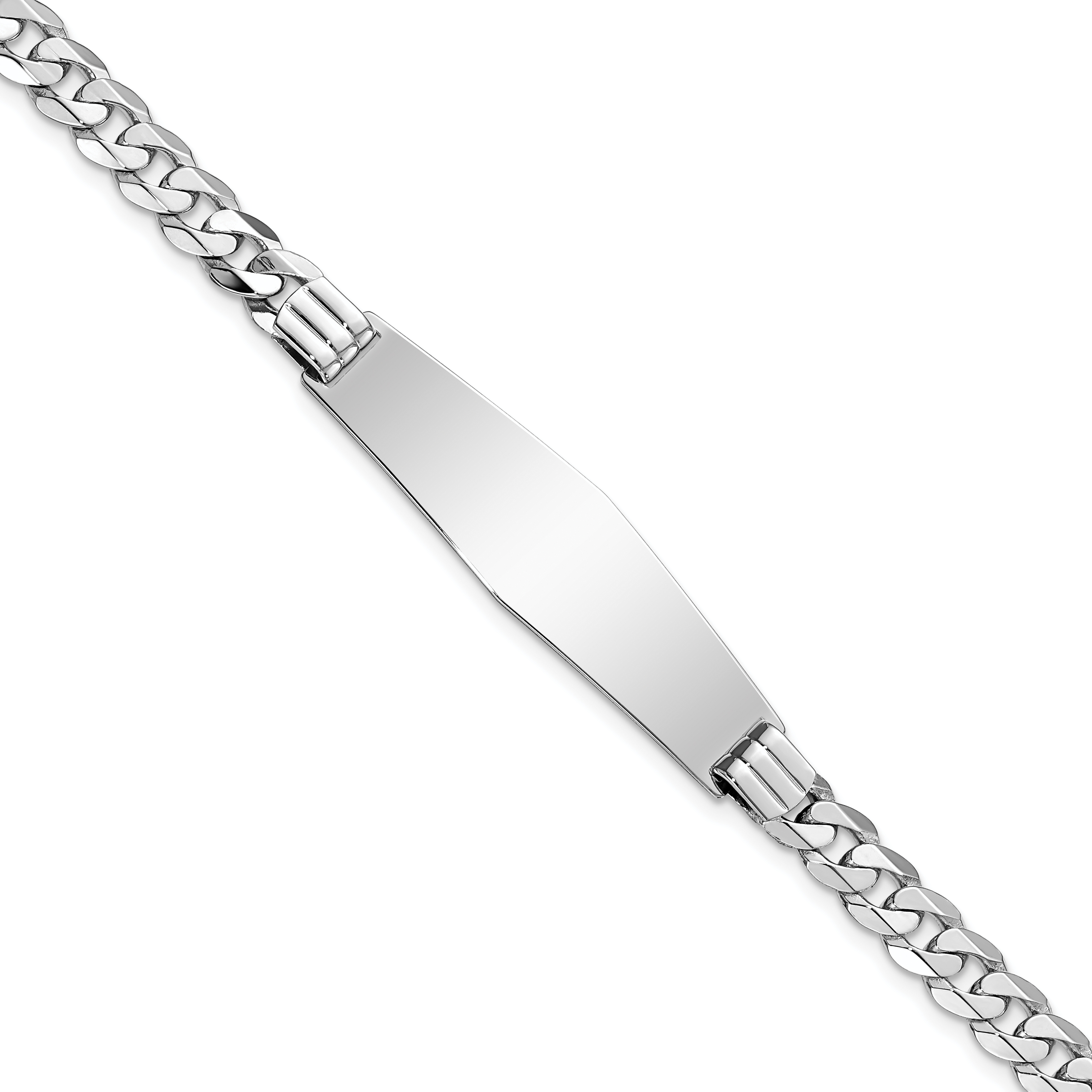 14k White Gold Polished Solid Chain/Solid Plate Flat Curb Link Soft Diamond Shape 38.5x10mm Plate 8 inch ID Bracelet (LID64CW-8)
