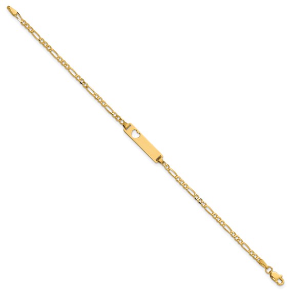 14k Polished Solid Chain/Solid Plate Figaro Link Cut-out Heart 20x5mm Plate 7 inch ID Bracelet