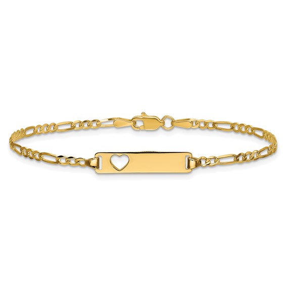 14k Polished Solid Chain/Solid Plate Figaro Link Cut-out Heart 20x5mm Plate 7 inch ID Bracelet