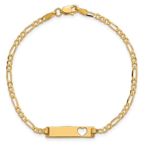 14k Polished Solid Chain/Solid Plate Figaro Link Cut-out Heart 20x5mm Plate 7 inch ID Bracelet