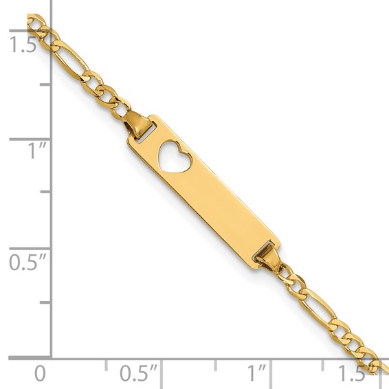 14k Polished Solid Chain/Solid Plate Figaro Link Cut-out Heart 20x5mm Plate 7 inch ID Bracelet